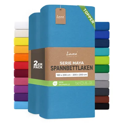 Zdjęcie produktu dla Lavea® Zestaw 2 sztuk, prześcieradła elastyczne na materac, 180/200x200 cm, wykonane w 100% z bawełnianej dzianiny – do materacy o grubości do 10 cm – miękkie, w kolorze niebieskim