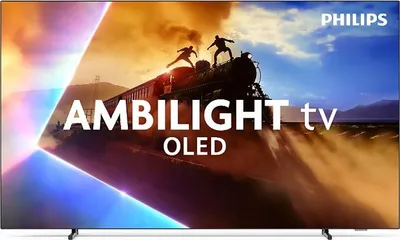 A television screen displaying a dynamic image of people on a train with colorful lighting effects.