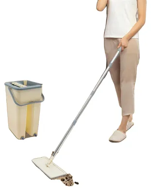 Image de Kit de nettoyage à la serpillère, dimensions de la serpillère : 33 x 12 x 128 cm, dimensions du seau : 20 x 17 x 37 cm, capacité du seau : 8 litres, matériau de la tige : acier, matériau de la tête de la serpillère : microfibre