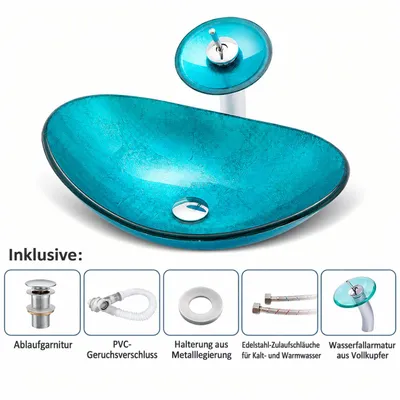 Produktbild von Aufsatzwaschbecken aus Glas mit Wasserfallarmatur, Türkis, 55 cm