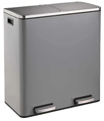 Imagen del producto de Cubo de basura para cocina, 2 x 30 litros, gris | Sistema de separación de residuos de 2 compartimentos, cubo de basura con pedal para cocina, metal, cierre suave, hermético, cubo interior de plástico, tapa abatible – (Felix)