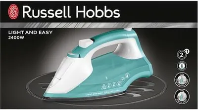 A Russell Hobbs iron is displayed on a dark, reflective surface with a gradient background.