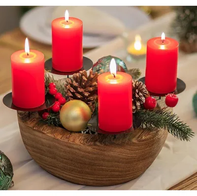 Obrázok produktu pre Adventný veniec z dreva 4 držiaky na sviečky okrúhle drevené misky stĺpové sviečky 25 cm