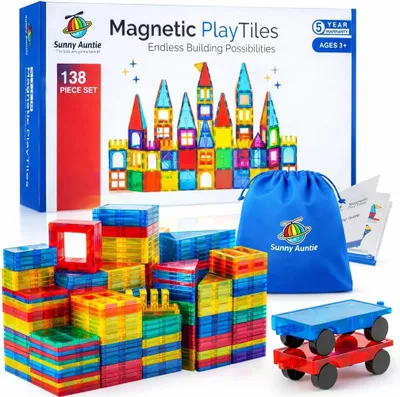 Produktbild von Sunny Auntie Magnetische Bausteine 138-teilig – Magnetfliesen für Kinder ab 3 Jahren, STEM Lernspielzeug mit 2 Autos & Aufbewahrungstasche – Kreatives 2D/3D Konstruktionsspielzeug für Jungen und Mädchen