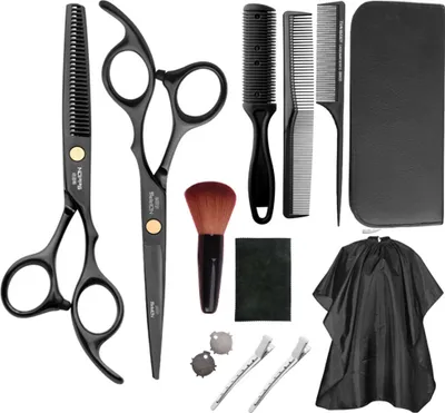 Produktbild von Friseurscheren, Haarschere, 13er Haarscheren-Set, Edelstahl Friseur Set, Haarschneideschere mit Friseurumhang, Damen/Herren/Kinder