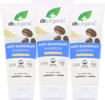 Produktbild von 3 x Dr. Organic Anti Schuppen Shampoo mit Kaffee je 200ml für gesunde Kopfhaut Unisex Natürlich Vegan