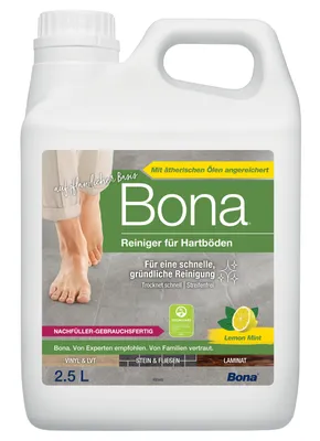 Produktbild von Bona Stein-, Fliesen- und Laminatreiniger Nachfüllkanister 2,5 L, gebrauchsfertiger und streifenfreier Reiniger für Hartböden mit Zitronen-Minze Duft