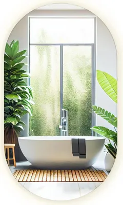 A modern bathroom with a freestanding bathtub, large window, and lush green plants.