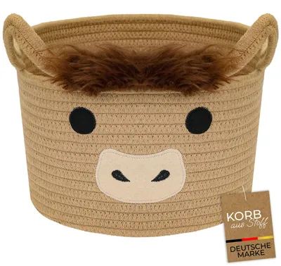 Produktbild von HMF Aufbewahrungskorb mit Griffen, runder Korb für Kinderzimmer aus Baumwolle, Highlander Kuh, 30 x 24 cm, Braun, KI-generiertes Bild