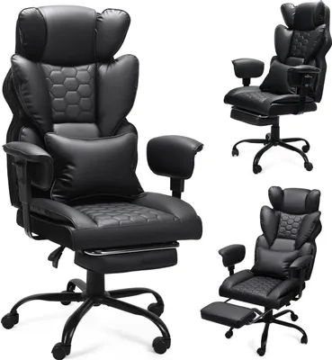 A collage of three black gaming chairs, each shown from a different angle and configuration.