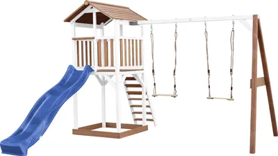 Produktbild von AXI Beach Tower Spielturm aus Holz in Braun & Weiß | Spielhaus für Kinder mit blauer Rutsche, Doppelschaukel und Sandkasten | Stelzenhaus für den Garten
