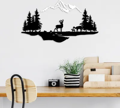 Obrázek produktu pro Wallity, Jelen a krajina - 2, Dekorativní kovový doplněk na zeď, 100 % KOV, černý, 38 x 11 cm