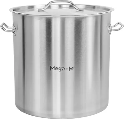 A stainless steel pot with a lid and handles.