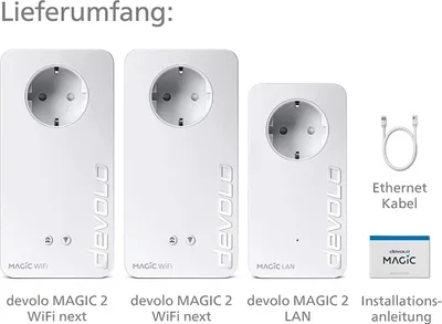 Obrázek produktu pro Devolo MAGIC 2 WiFi next Multiroom Kit, 2400 Mbit/s, IEEE 802.2x, IEEE 802.3ab, IEEE 802.3az, IEEE 802.3u, Gigabit Ethernet, 10,100,1000 Mbit/s, Wi-Fi 5 (802.11ac), 802.11a, 802.11b, 802.11g, Wi-Fi 4 (802.11n), Wi-Fi 5 (802.11ac)