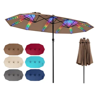 Zdjęcie produktu dla COSTWAY, podwójny parasol, 440x260 cm, parasol tarasowy z korbą, oświetlenie LED zasilane energią słoneczną, 12 trybów oświetlenia i 2 opcje ładowania, parasol ogrodowy, parasol targowy, kolor khaki