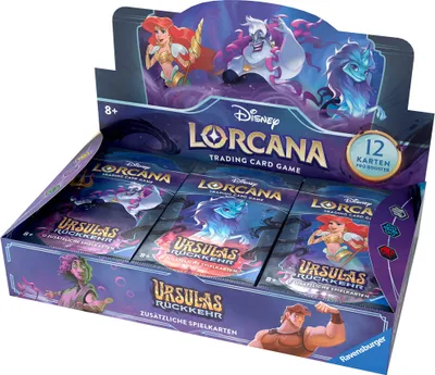 A display box of Disney Lorcana trading card game booster packs, featuring characters from The Little Mermaid.