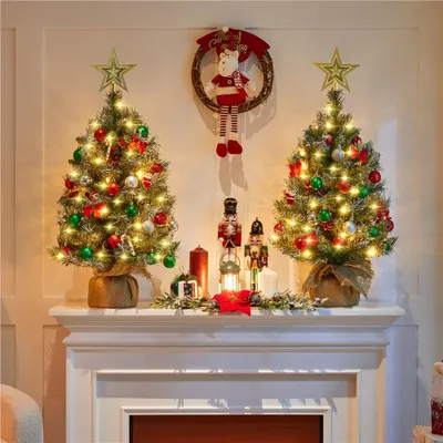 Immagine prodotto di Set di 2 alberi di Natale artificiali da 92 cm con neve, 50 LED e 10 bacche e 10 pigne, piccolo albero di Natale per la decorazione natalizia