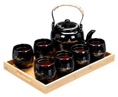 Produktbild von Japanisches Teeservice, 850ml Teekanne mit Teesieb und 6 Tassen à 170ml, Chinesisches Teekannenset aus Porzellan für Teeliebhaber