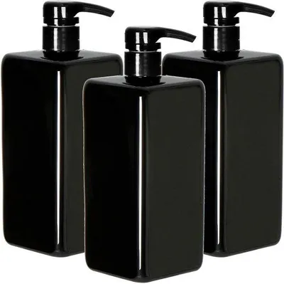 Productafbeelding van Unyqoos® Set 3 herbruikbare zwarte dispensers voor vloeistoffen, 1000 ml – geschikt voor shampoo, zeep en keukenproducten, met labels, BPA- en loodvrij, afsluitbaar