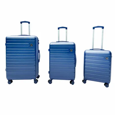 Three blue suitcases of varying sizes are displayed against a white background.