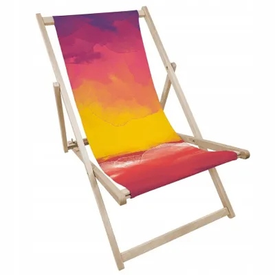 Produktbild von Liegestuhl klappbar aus Holz mit Sonnenuntergang-Motiv – Klappstuhl Klappliege Sonnenstuhl Strandstuhl Gartenliege