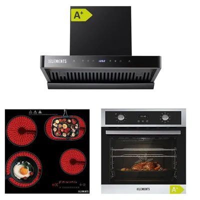 Produktbild von KB ELEMENTS Sparset, Einbauherd Set, Herdset, Glaskeramikkochfeld 60cm 7200 Watt, Dunstabzugshaube 60cm 1350 m³/h, Backofen 60cm 70 Liter, EEK A+