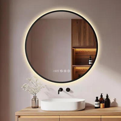 Zdjęcie produktu dla Lustro do łazienki oświetlane, okrągłe, średnica ok. 70 cm. Lustro LED z dotykowym panelem, antyfoggingowe, z możliwością regulacji jasności, 3 barwy światła, zegar, wskaźnik temperatury, kolor czarny
