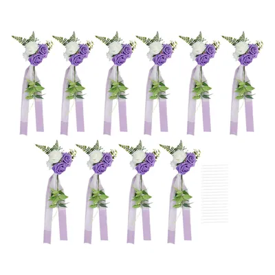 Image de 10 PCS chaise de mariage décorations florales de fête avec des rubans pour chaise de mariage (blanc+vert+violet)