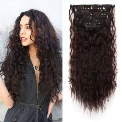 Obrázek produktu pro Clip-in prodlužovací vlasy, 50 cm, vlnité, středně hnědé, syntetické, 6 pramenů