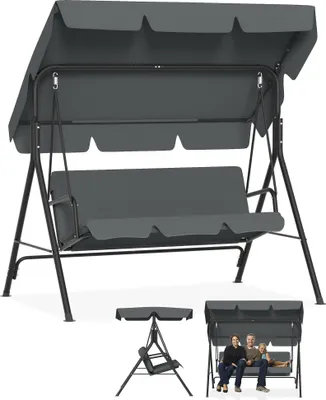 Produktbild von UISEBRT 3-Sitzer Hollywoodschaukel Grau, 175,5x110x152 cm mit verstellbarem Sonnendach, Komfortkissen und Anti-Rutsch-Füßen, bis 200 kg, wetterfeste Gartenschaukel für Garten und Balkon