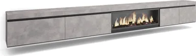 A long, gray TV cabinet with a built-in electric fireplace.