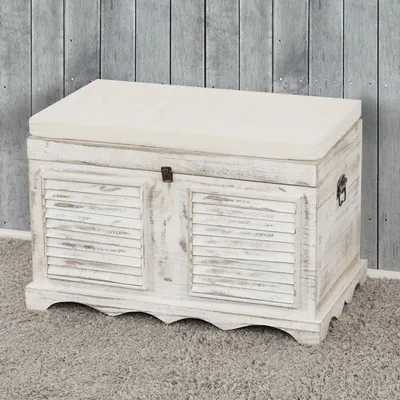 Produktbild von Drevená truhlica T356, lavicová úložná truhlica, ošúchaný vzhľad vintage 50x76x45cm ~ biela