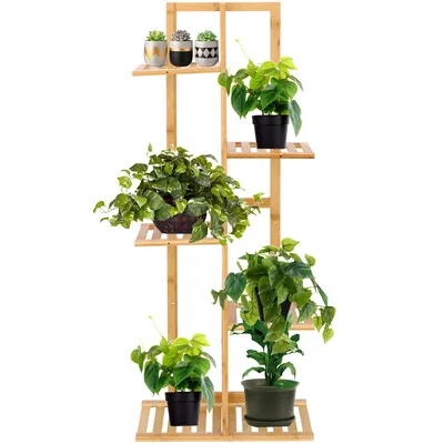 A multi-tiered wooden plant stand with several potted plants on display.
