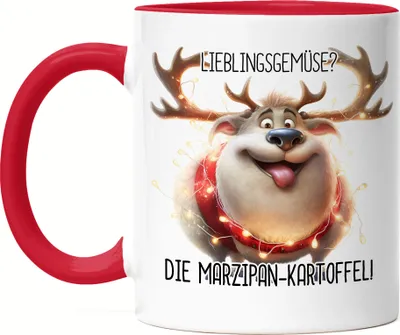Produktbild von Lieblingsgemüse Marzipankartoffel Lustiges Rentier Julklapp Geschenk Tasse Rot Lichterkette Adventsgeschenk
