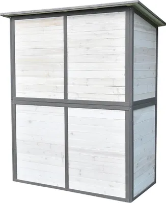 A white and gray wooden garden shed with a double door.
