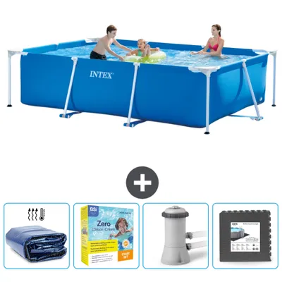 Produktbild von Intex-Schwimmbecken mit rechteckigem Rahmen – 300 x 200 x 75 cm – Blau – im Lieferumfang enthalten Sonnensegel - Wartungspaket - Filterpumpe für Schwimmbad - Bodenfliesen