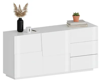 Produktbild von Kommode Ddalessi, Wohnzimmer-Buffet, Wohnzimmer-Kommode mit 2 Türen und 3 Schubladen, 180x44x86 cm, glänzendes Weiß