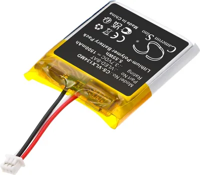 A close-up, angled view of a lithium-polymer battery pack with wires attached, set against a white background.