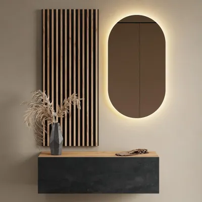 Produktbild von Flurgarderobe 100 cm mit Wandpaneele und Spiegel mit LED-Beleuchtung gold eiche / schwarz charcoal