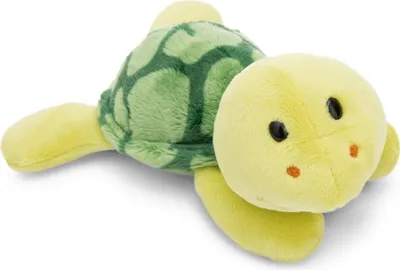 A plush toy turtle lying on a white background.