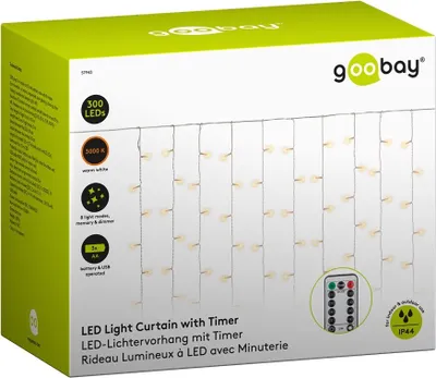 Zdjęcie produktu dla Kurtyna świetlna Goobay 57943 300 LED z pilotem, funkcją timera, 8 trybami świecenia, ściemniaczem, zasilaniem USB i bateryjnym, ciepła biel (3000 K)