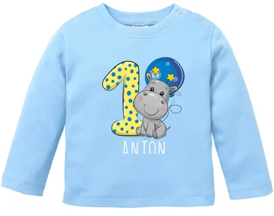 Produktbild von personalisiertes Baby Langarmshirt mit Namen Zahl 1 Geburtstagsshirt Nilpferd Tiermotive Junge/Mädchen SpecialMe®  hellblau 80/86 (10-15 Monate)