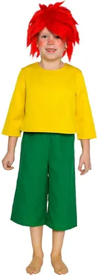 A child wearing a Pumuckl costume, standing against a white background.
