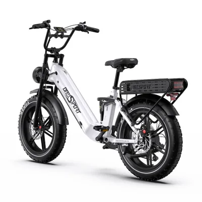 A white electric bicycle with fat tires is shown against a white background.