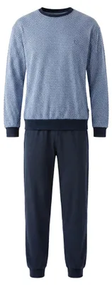 Immagine prodotto di Pigiama lungo da uomo hajo, cotone premium, cotone, colletto rotondo, stampa a tutta superficie, polsini, colore blu scuro, taglia XL