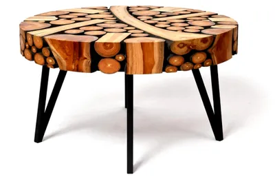 Produktbild von Teakholz Baumscheibentisch – Handgefertigter Beistelltisch – Rund – Dreibein Tisch – ca. 45 x 55 cm (HxØ)