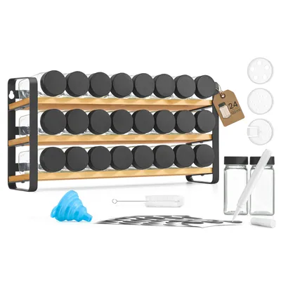 Produktbild von SONGMICS Gewürzregal mit 24 Gewürzgläsern, Gewürz-Organizer, Küchenregal, mit Etiketten und Zubehör, schwarz-naturfarben