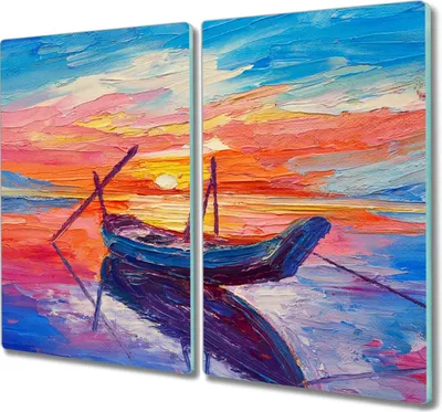 Produktbild von Coloray Küchenbrett Kochplattenabdeckung Hackbrett Schneidebrett Herdabdeckplatte 2x30x52 cm - Boot Sonnenuntergang