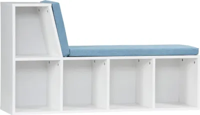 A white storage bench with blue cushions and five open compartments.