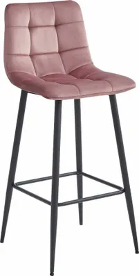 A single bar stool with a pink velvet seat and black metal legs, shown against a white background.